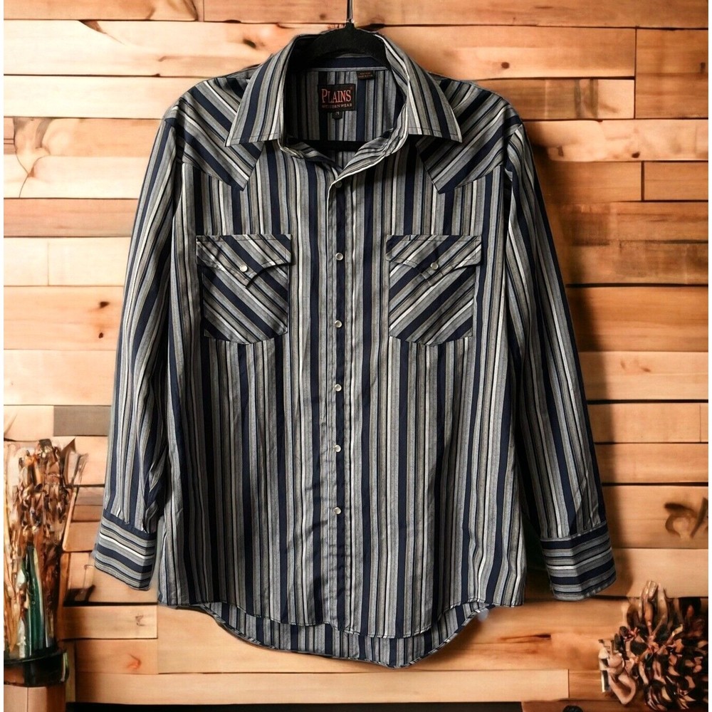 Plains Western Ware Shirt Pearl Snap Brush Popper Long Sleeve Men's Medium Blue